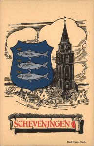 Scheveningen Netherlands Church Three Fish Heraldic Vintage Postcard