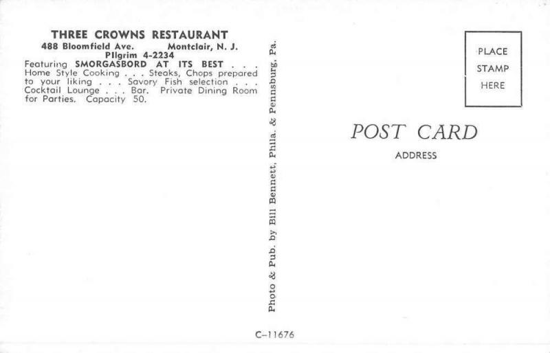 Montclair New Jersey Three Crowns Restaurant Interior Vintage Postcard K44984