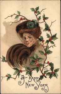 HBG New Year Beautiful Woman Fur Stole and Veil c1910 Vintage Postcard