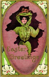 Vtg Postcard 1909 Easter Greetings Giant Egg Gilt Woman In Green Big Hat 