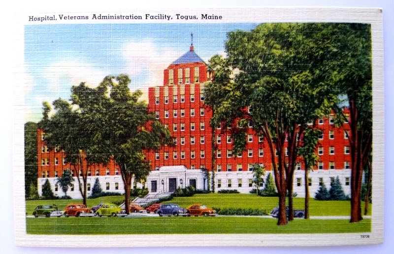 Togus Maine Elmwood Veterans Hospital Building Old Cars Linen Postcard Tichnor