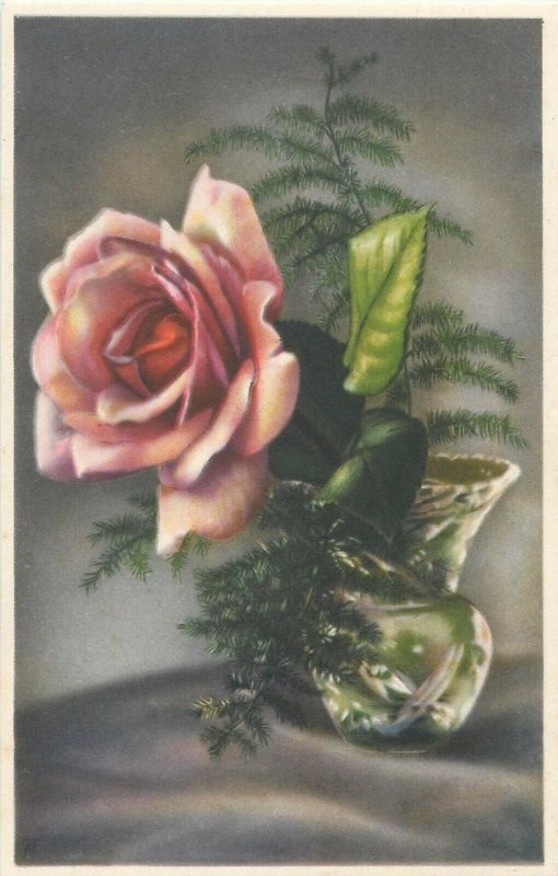 Rose flower vase fantasy vintage greetings postcard