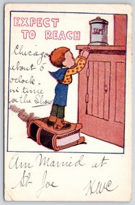 1907 Expect to Reach.  Young Boy on Book Trying to Reach Jam Comic Postcard