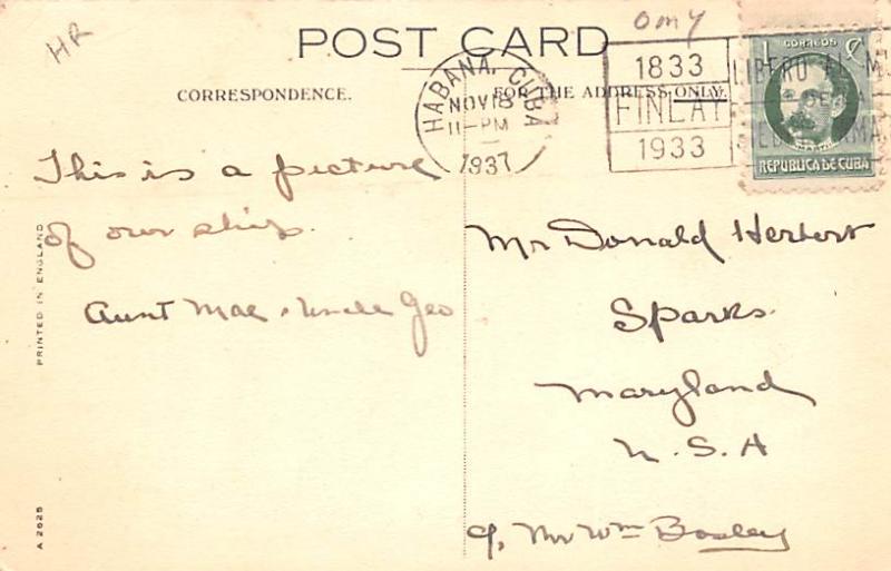 Cunard White Star, Carinthia Ship 1937 light postal marking on front