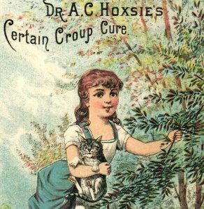 1880s Dr. A.C. Hoxsie's Certain Croup Cure No Opium Lovely Cat & Girl P223