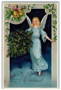 1907 Christmas Angel Mistletoe Ringing Bell Embossed Posted Antique Postcard 