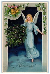 1907 Christmas Angel Mistletoe Ringing Bell Embossed Posted Antique Postcard
