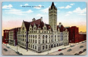 Milwaukee Wisconsin~Post Office~c1930s Autos~Streetlamps~EC Kropp Linen Postcard