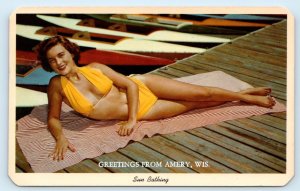 AMERY, WI ~Risque Cheesecake BATHING BEAUTY ~ SUN BATHING   c1950s  Postcard
