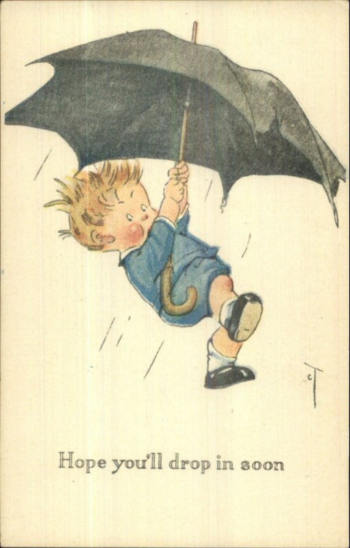 Charles Twelvetrees Boy Carried Away by Umbrella in Rain c1910 Postcard