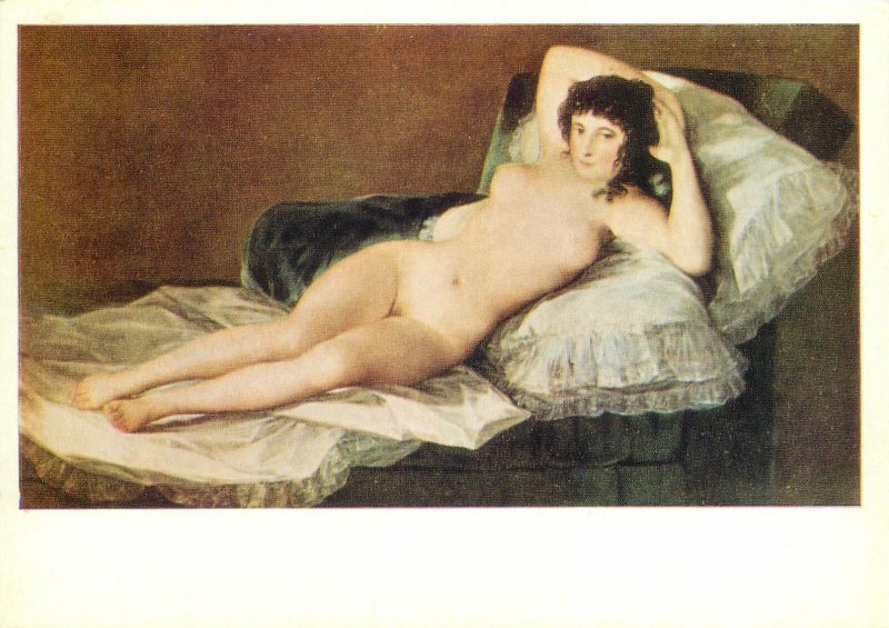 Postcard art soviet chyrillic text woman in bed naked