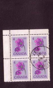 Canada Corner Block of Four Used Stamps, Floral Definitive 4 Cents, Scott #709