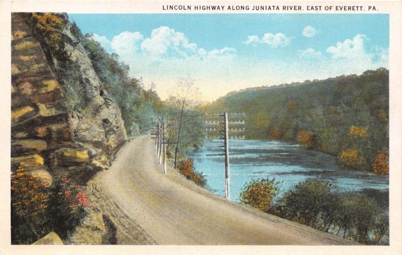 Everett Pennsylvania Lincoln Highway Along Juniata River Postcard C1920