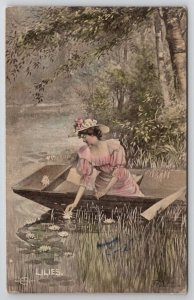 Art Nouveau Lilies Woman In Boat By Siegle Alfred S Campbell Art Co Postcard A37