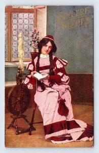 Woman With Spinning Wheel Long Robe and Braids 1914 DB Postcard M2