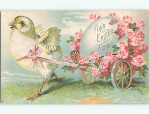 Pre-1907 easter CHICK PULLS EGG AND ROSE FLOWERS ON CART J1955
