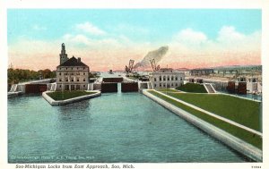 Soo Michigan Locks From East Approach Soo Michigan MI Vintage Postcard c1920