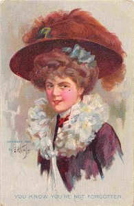 You Know Not Forgotten Beautiful Woman Hat E H Kiefer Artist Bamforth postcard