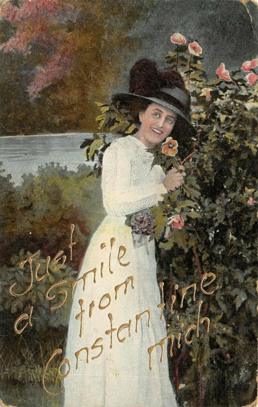 Just a Smile from Constantine Michigan~Lovely Victorian Lady~Flower Bush 1910 