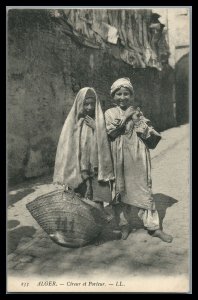 Algeria Algier postcard Cireur et Porteur Young Porter Girl & Shoeshine Boy