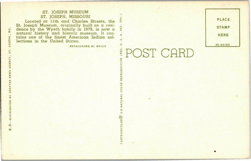 St. Joseph Museum, St. Joseph MO 11th & Charles St Vintage Postcard A25