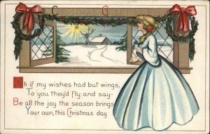 Christmas Pretty Woman Looks Out Window Star Wreath Gilt Embossed c1900s-20s PC