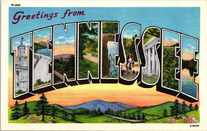 Greetings From Tennessee Large Letters Sunset Linen Postcard UNP VTG Unused 