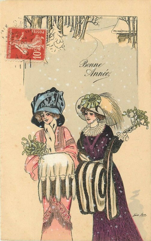 French New Year Postcard; Xavier Sager Fashion Glamour Ladies w Ermine Fur Muffs