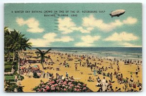 c1940 ST PETERSBURG GULF BEACHES FLORIDA SUNBATHING CROWD LINEN POSTCARD P2666