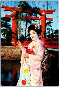 Maiko Against a Torri in Hei-An-Jingu Shrine Kyoto Japan Wearing Kimono Postcard