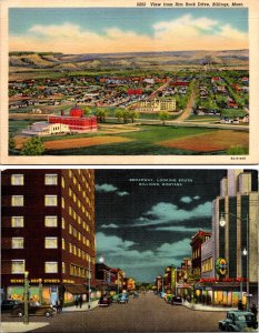 Lot of 2 Billings Montana Postcards Rimrock Drive Overlook, Broadway at Night