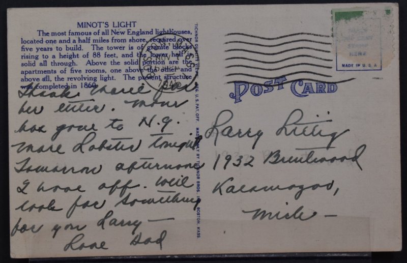 Massachusetts Bay, MA - Minot's Light - 1945