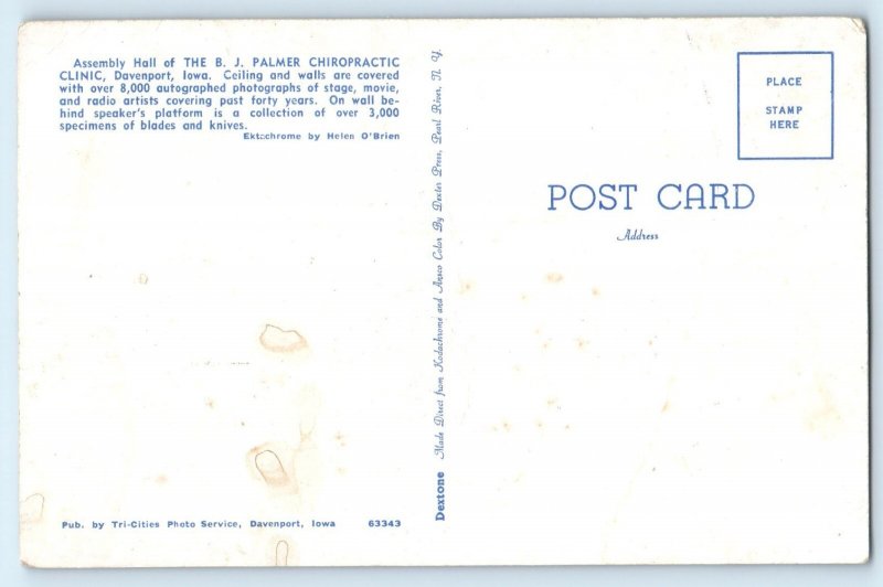 1960 Davenport Iowa Postcard Assembly Hall B.J. Palmer Chiropractic Clinic
