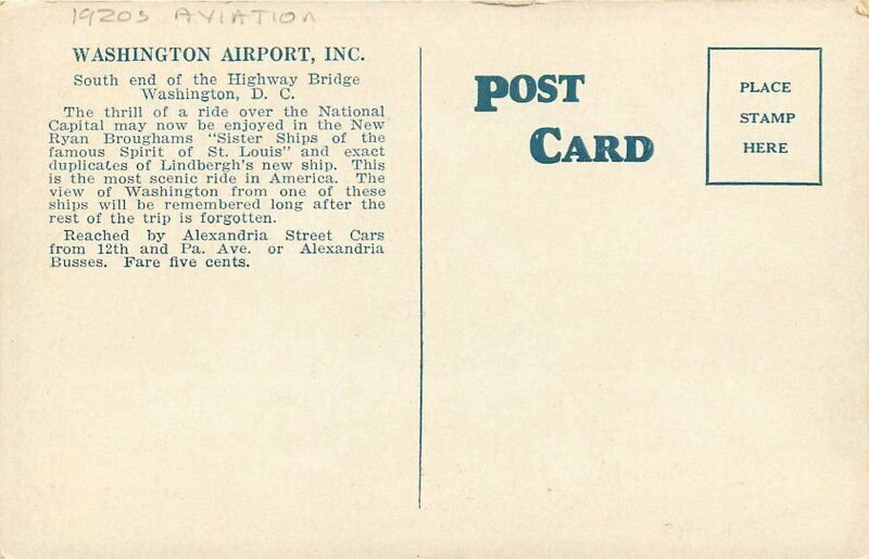 Aviation 1920s Washington Airport Washington DC Birdseye Postcard 9219