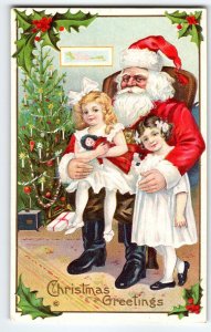 Santa Claus Christmas Postcard Holding Children Girls Lit X-mas Tree Stecher 227