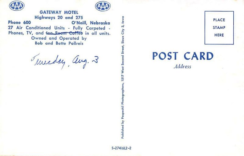 GATEWAY MOTEL O'Neill, Nebraska Roadside NE Vintage Postcard ca 1950s