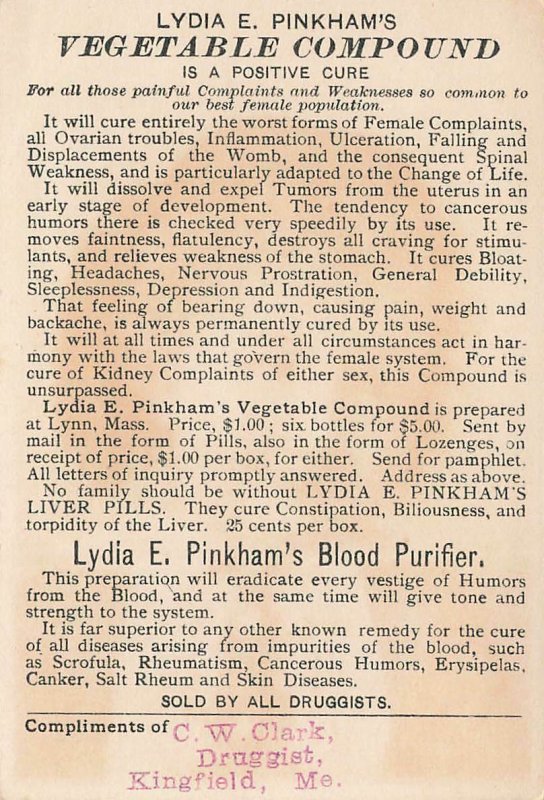 Lydia E. Pirnkham's Vegetable Compound 2.75 x 4  Tradecard