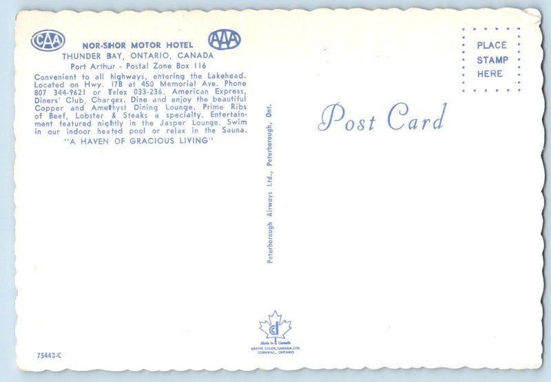 Thunder Bay Ontario Canada Postcard Nor-Shor Motor Hotel c1950's Vintage