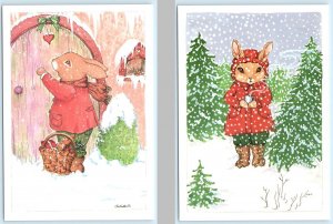 2 Postcards DRESSED RABBITS & CHRISTMAS 1988 Artist Susan Whited LaBelle 4x6