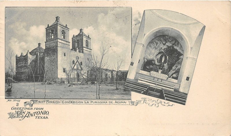 G82/ San Antonio Texas Postcard 1903 Greetings 2View Interior Purissima Acuna 
