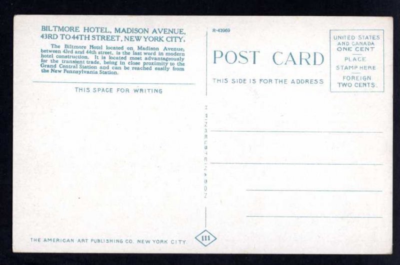 NEW YORK CITY Biltmore Hotel Madison Avenue, 43rd to 44th Street Divided Back