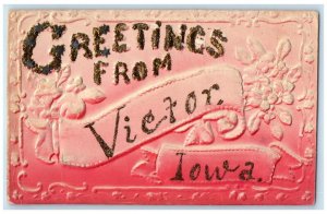 c1910 Greetings From Victor Iowa IA Embossed Glitter Vintage Antique Postcard