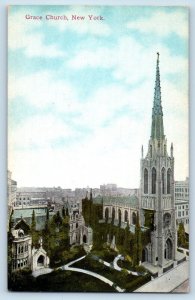 New York City NY Postcard Aerial View Of Grace Church Trees Street Scenery