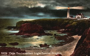 Vintage Postcard 1910's Ocean Cape Foulweather Lighthouse at Night Oregon OR