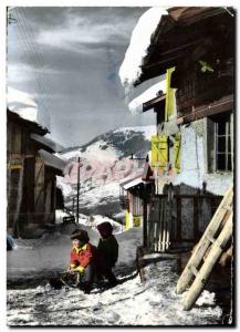 Modern Postcard Alps Old Mountain Village Children Sledding Sports d & # 39hiver