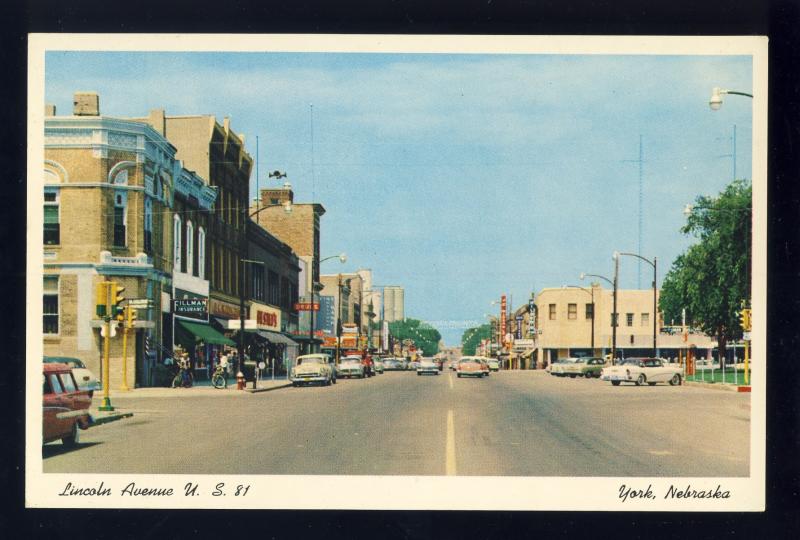 York, Nebraska/NE Postcard, Lincoln Avenue, US 81, Downtown, 1950's Cars