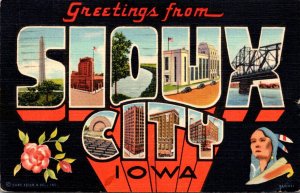 Iowa Greetings From Sioux City Large Letter Linen 1939 Curteich