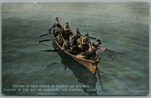 NATIVE AMERICAN ESKIMO IN SKIN OMIAK IN PURSUIT OF WALRUS ANTIQUE POSTCARD
