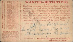 DETECTIVES WANTED American Euro Secrect Service Cincinnati 1880s Postal Card