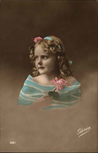 Children Head Shot Flower Studio Portrait Tinted RPPC Real Photo Postcard